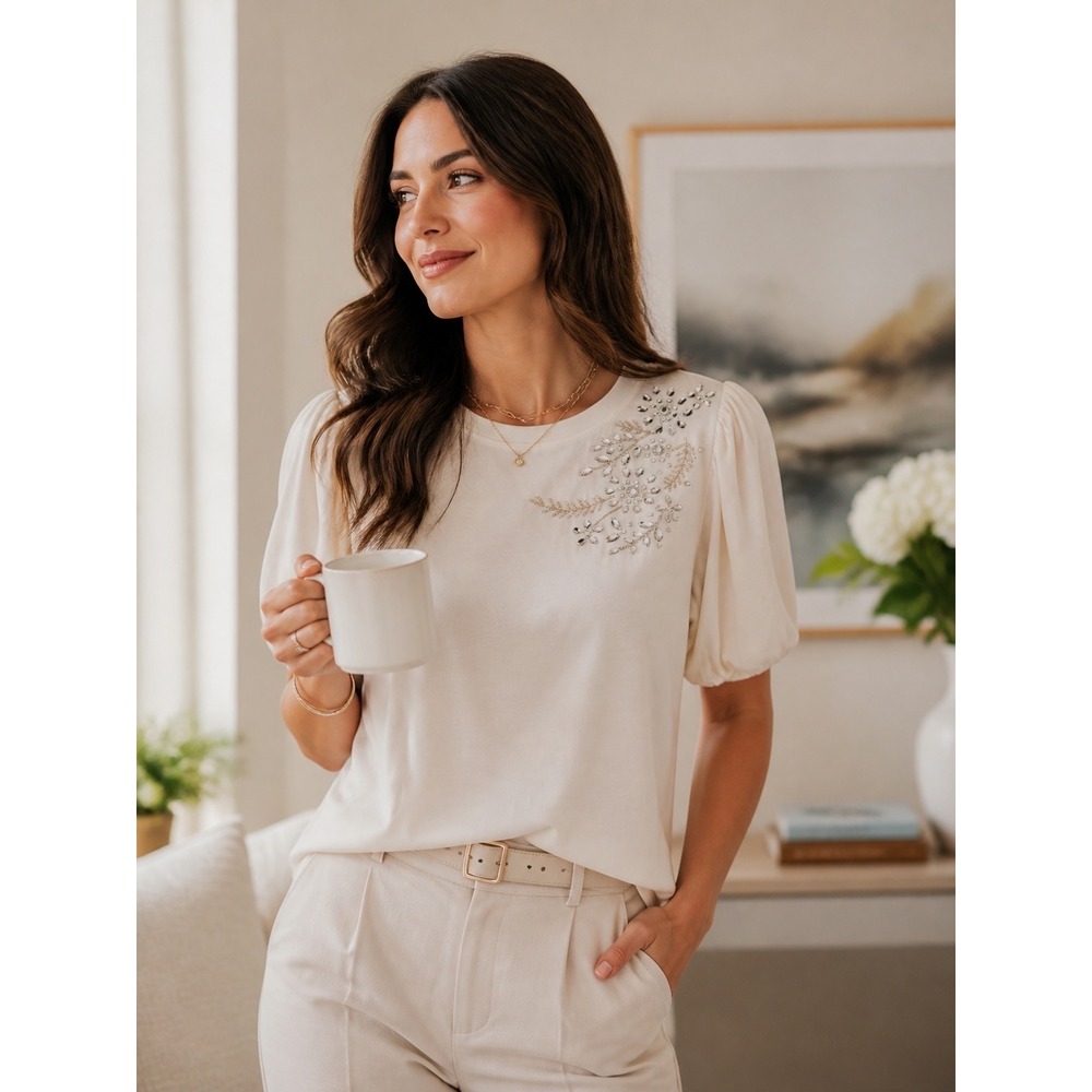 LOFT Embellished Puff Sleeve Top Womens Small Ivory Excellent Rhinestone Tee